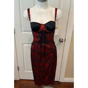 Marciano Red & Black Floral Lace Corset Desert Rose Silk Dress, Size XS, NWT!